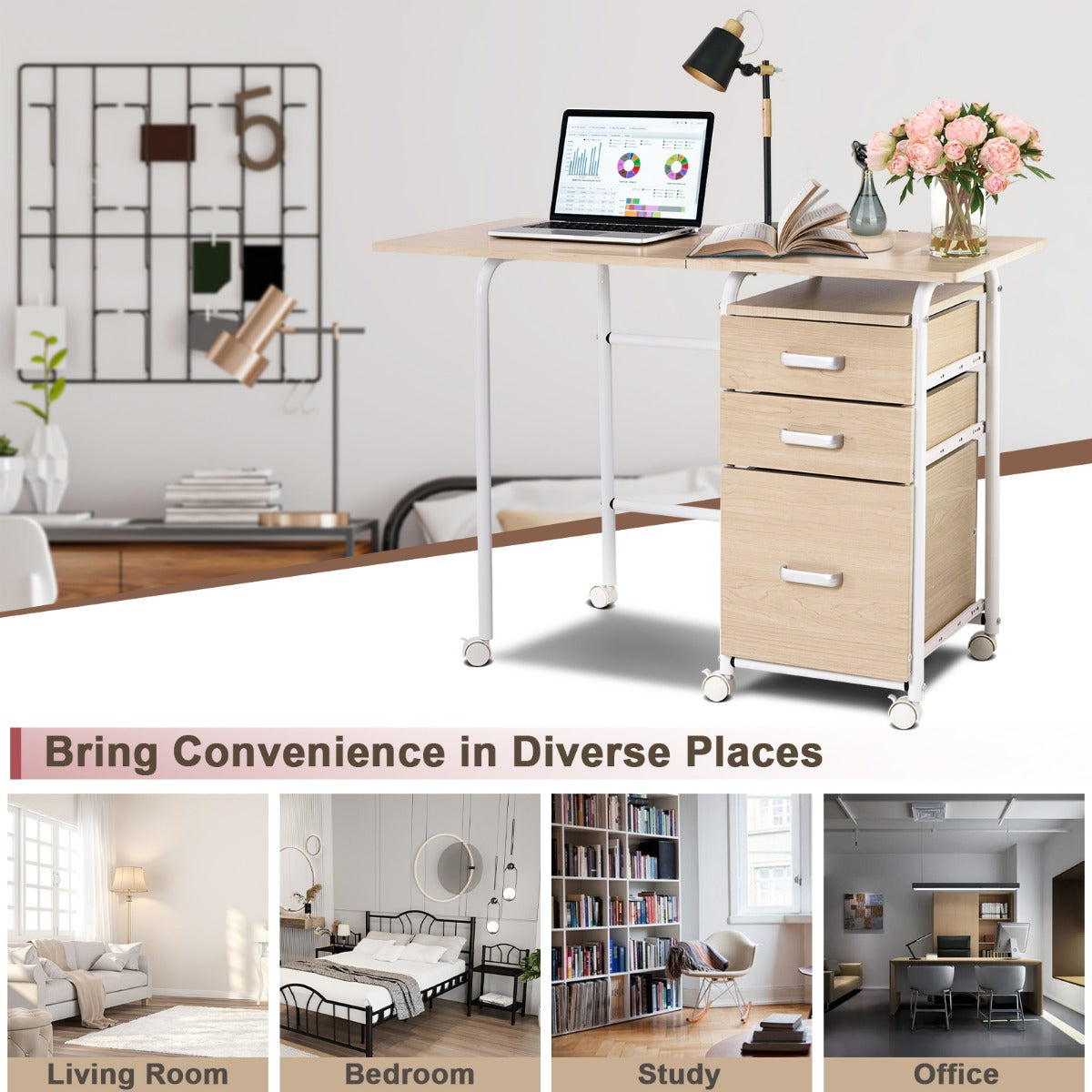 LIVSK Inklapbare Computertafel - Waterdicht MDF - 3 Lades - 6 Wielen - Ruimtebesparend - 105 x 50 x 74 cm - Naturel