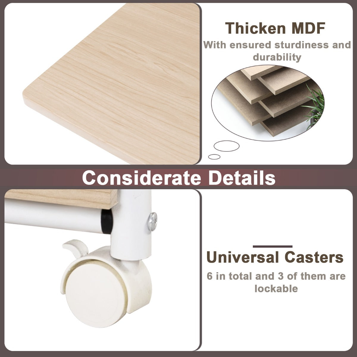 LIVSK Inklapbare Computertafel - Waterdicht MDF - 3 Lades - 6 Wielen - Ruimtebesparend - 105 x 50 x 74 cm - Naturel