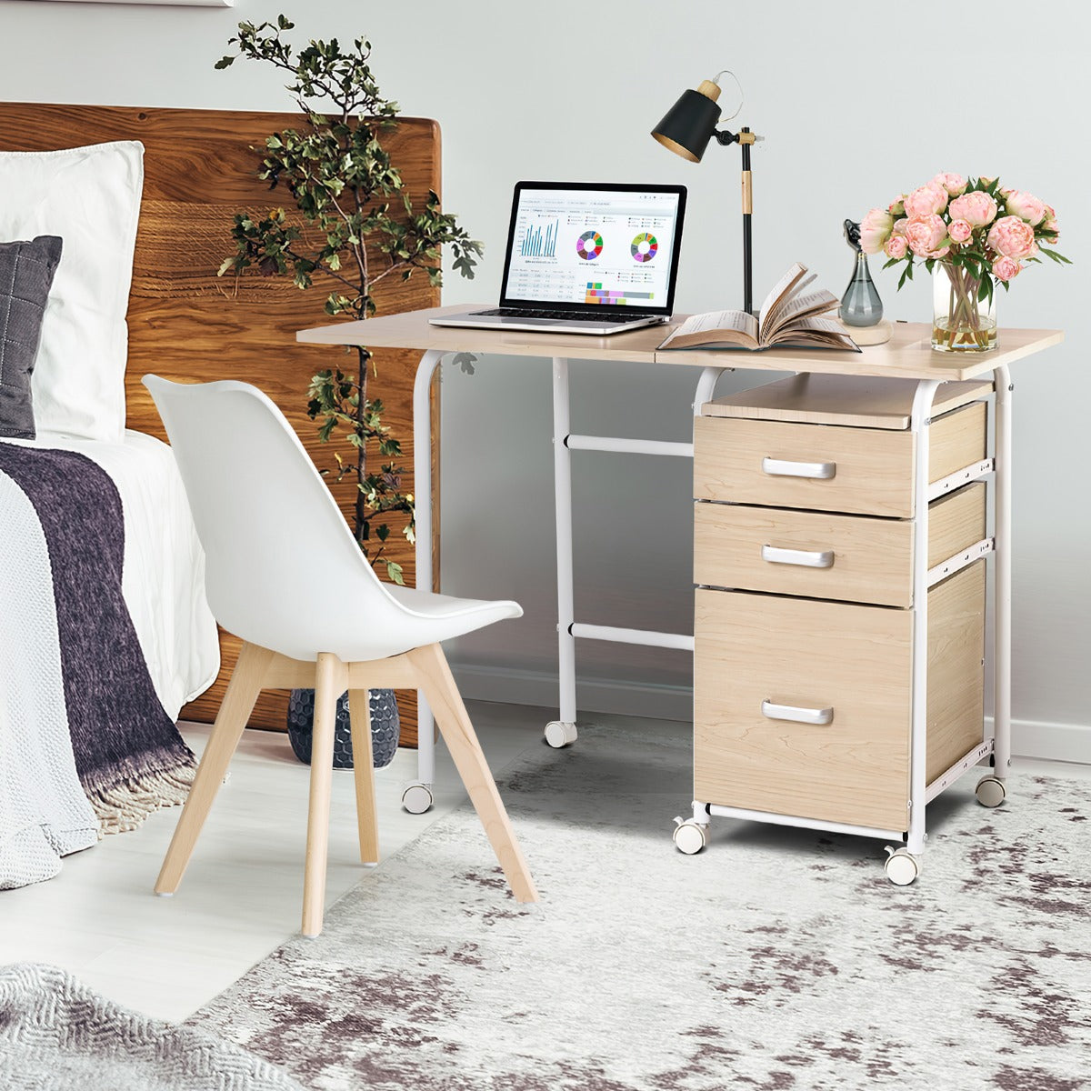 LIVSK Inklapbare Computertafel - Waterdicht MDF - 3 Lades - 6 Wielen - Ruimtebesparend - 105 x 50 x 74 cm - Naturel