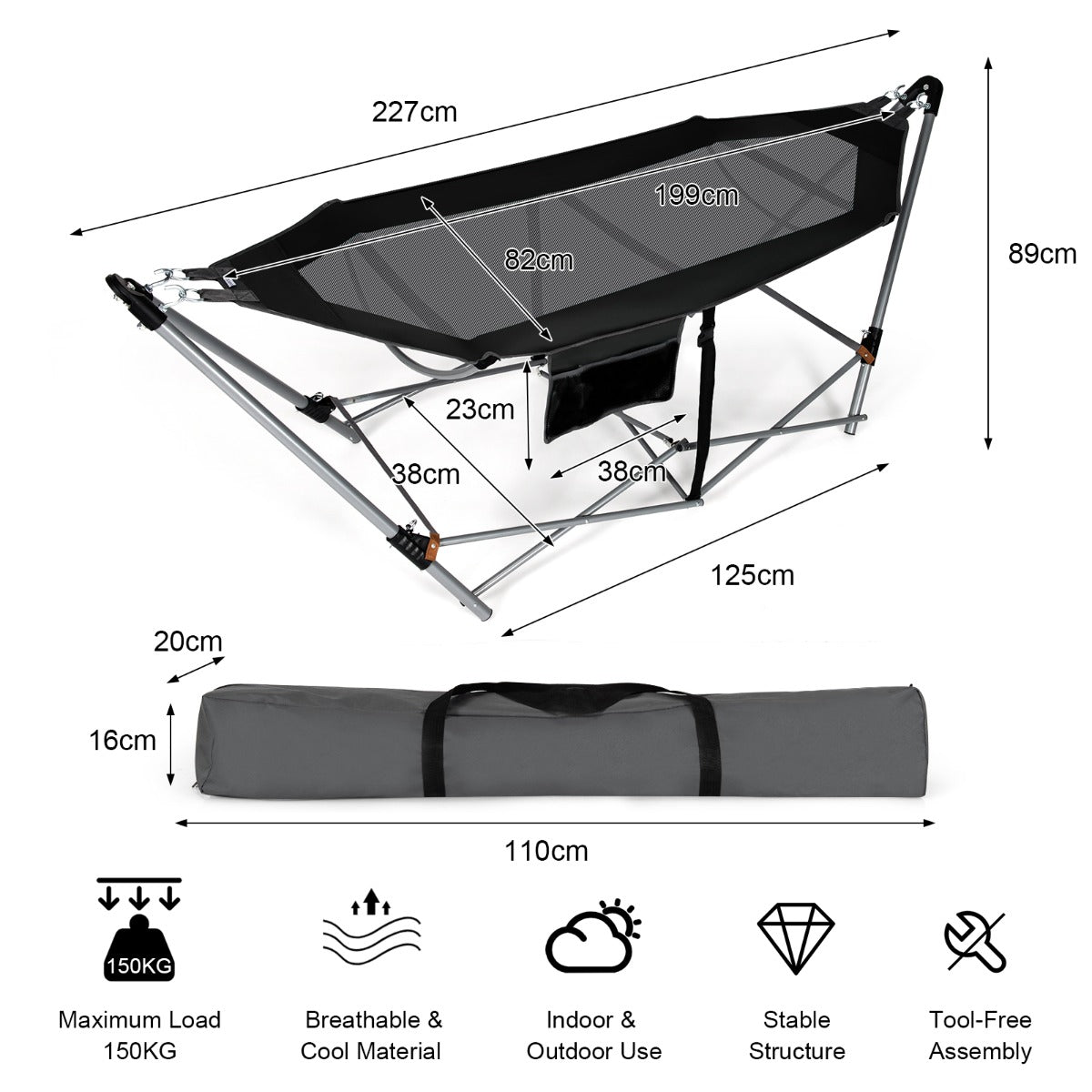 LIVSK Opvouwbare Hangmat - Duurzaam Oxford - Ademend Gaas - Zijvak - Robuust Frame tot 150 kg - Draagtas - Zwart