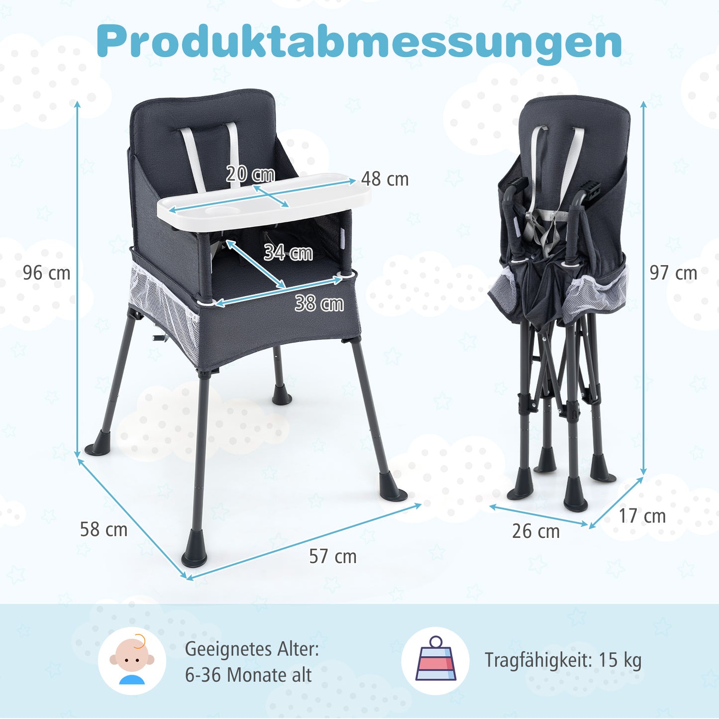 LIVSK Inklapbare Kinderstoel - Verstelbaar Dienblad met Bekerhouder - Draagtas - Veiligheidstuigje - Tot 15 kg - Grijs