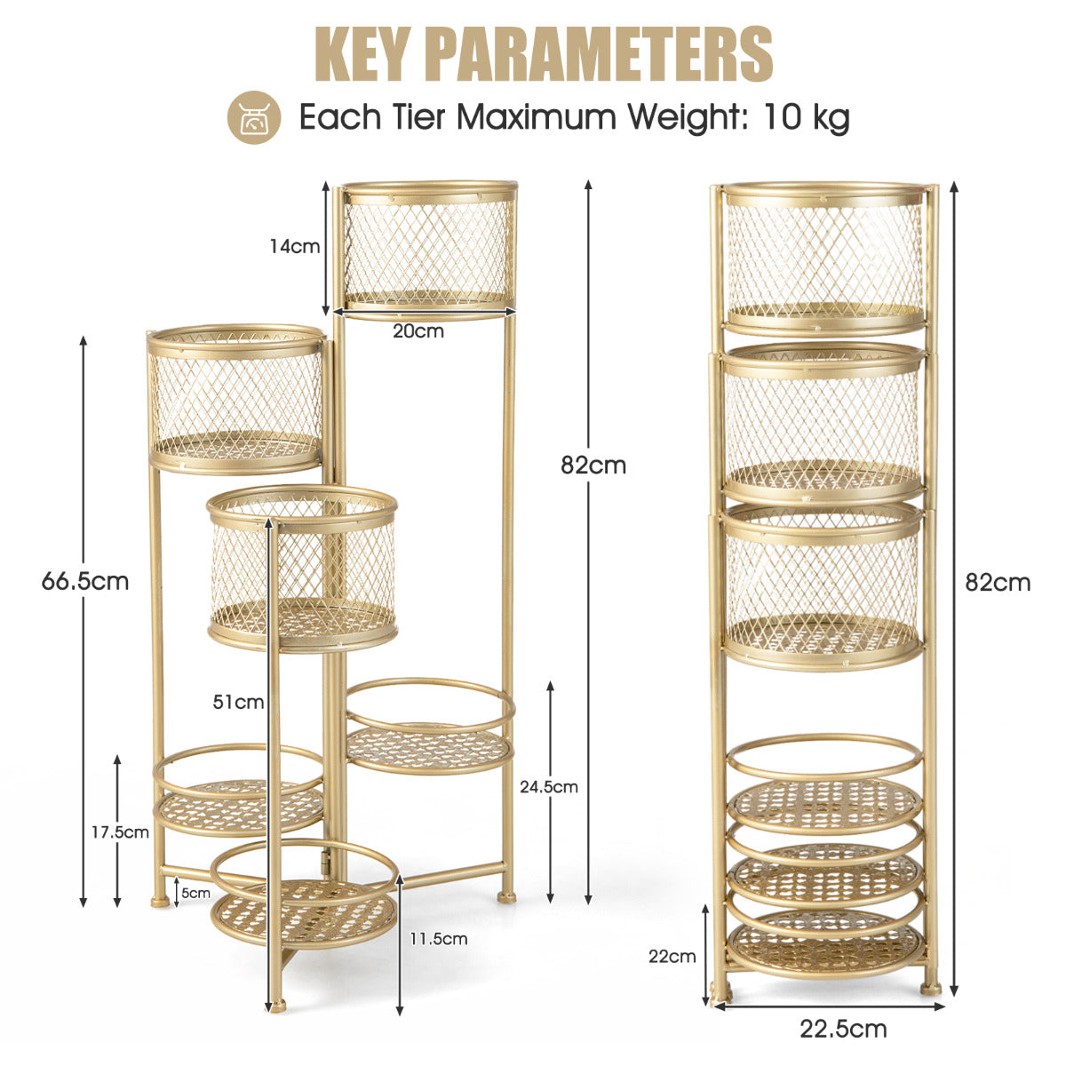 LIVSK Opvouwbare Plantenbak - 3 Plantenbakken en 3 Trays - Roestbestendig Metaal - Geen Montage - 41 x 39 x 82 cm - Goud