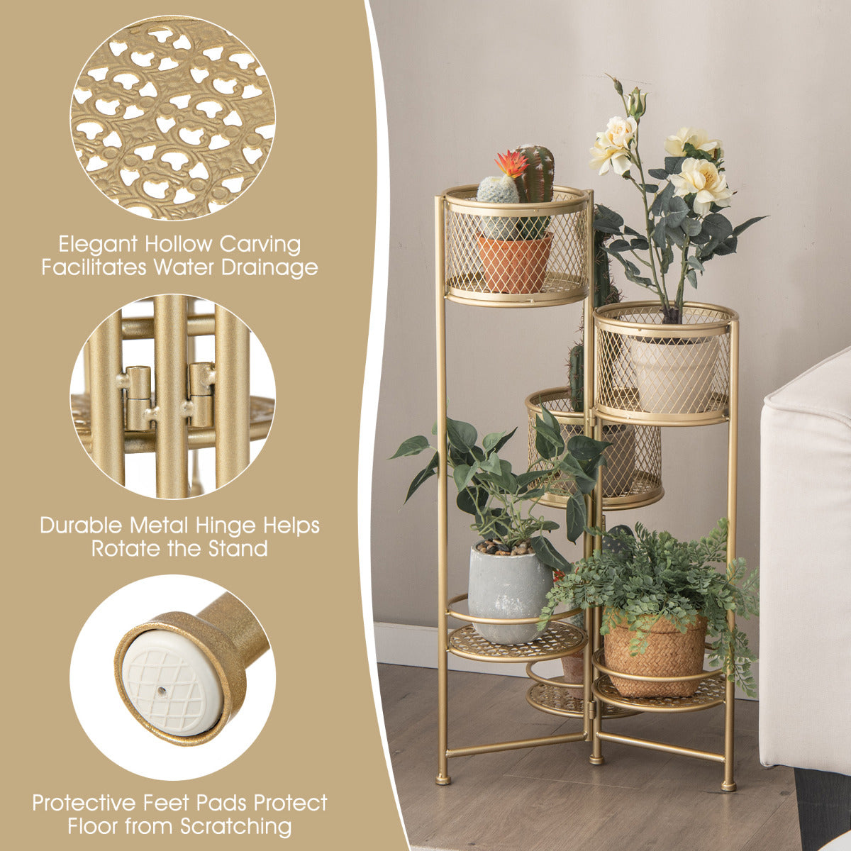 LIVSK Opvouwbare Plantenbak - 3 Plantenbakken en 3 Trays - Roestbestendig Metaal - Geen Montage - 41 x 39 x 82 cm - Goud