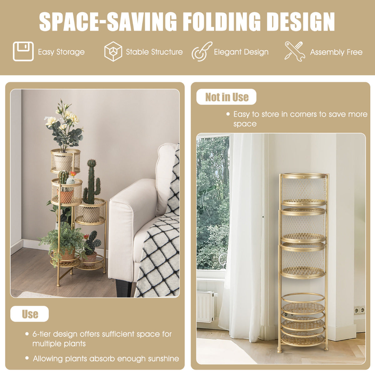 LIVSK Opvouwbare Plantenbak - 3 Plantenbakken en 3 Trays - Roestbestendig Metaal - Geen Montage - 41 x 39 x 82 cm - Goud