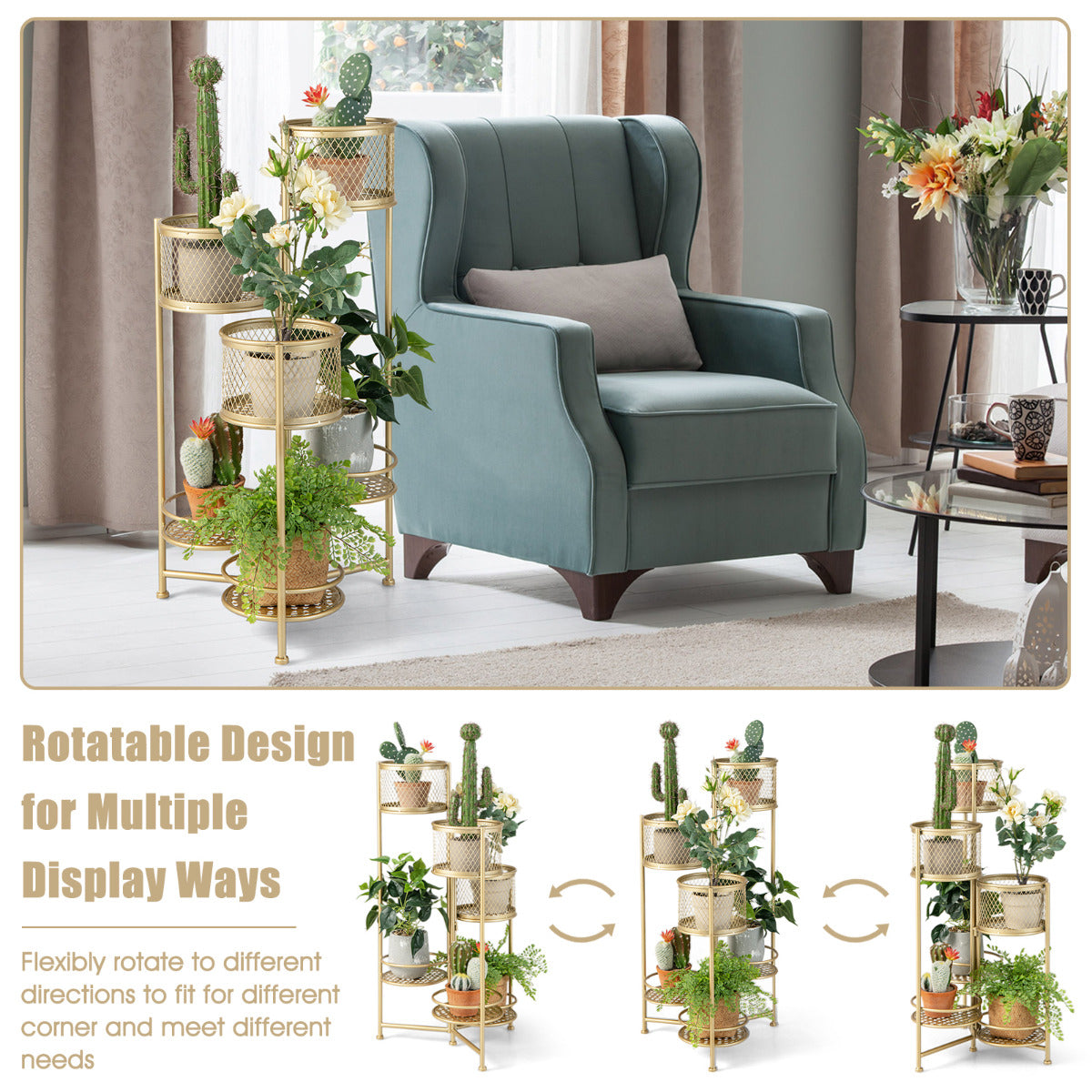 LIVSK Opvouwbare Plantenbak - 3 Plantenbakken en 3 Trays - Roestbestendig Metaal - Geen Montage - 41 x 39 x 82 cm - Goud