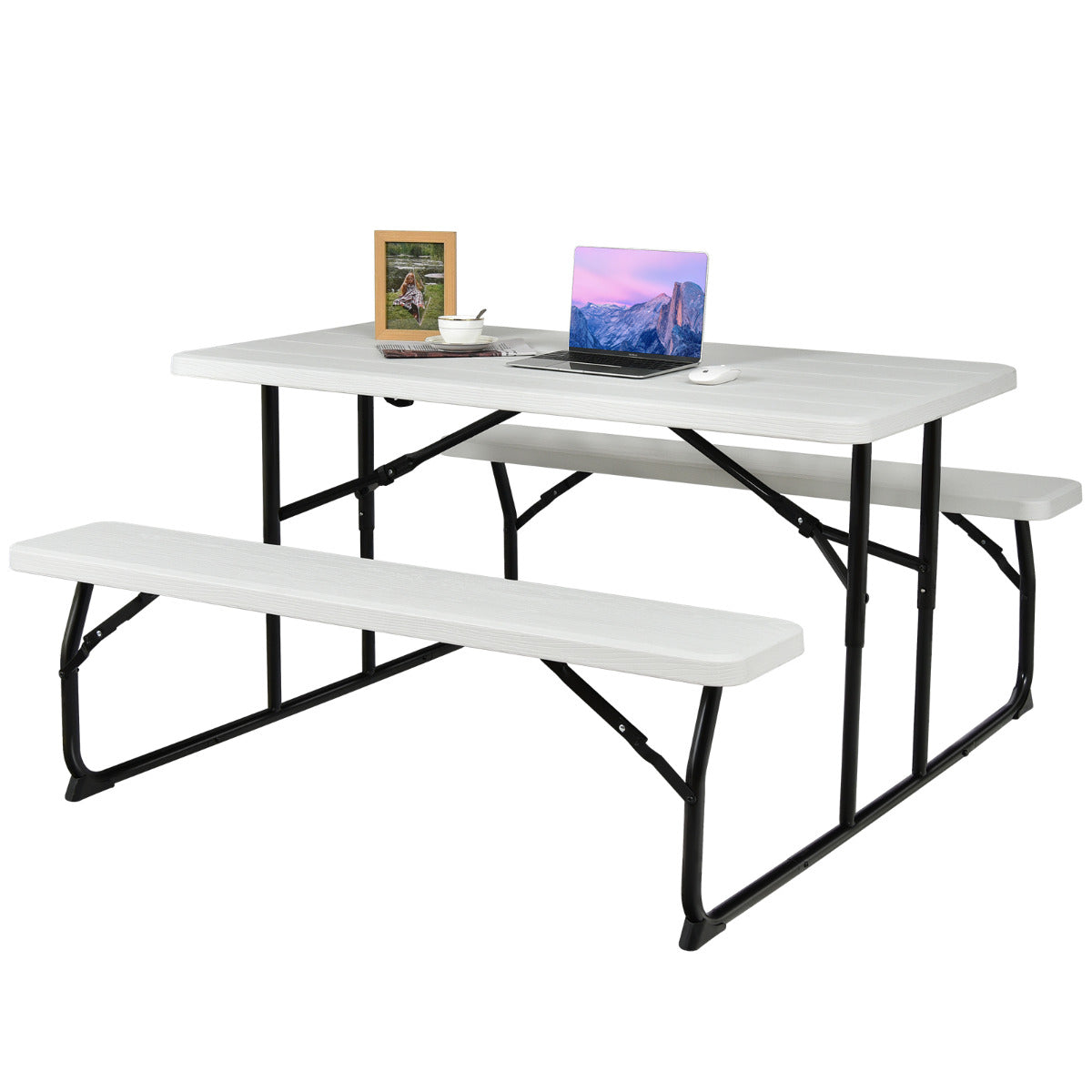 LIVSK Inklapbare Picknicktafel met Banken - Lichtgewicht en Waterdicht - Voor 4-6 Personen - Tot 150 kg - 136 x 69,5 x 44-72 cm -