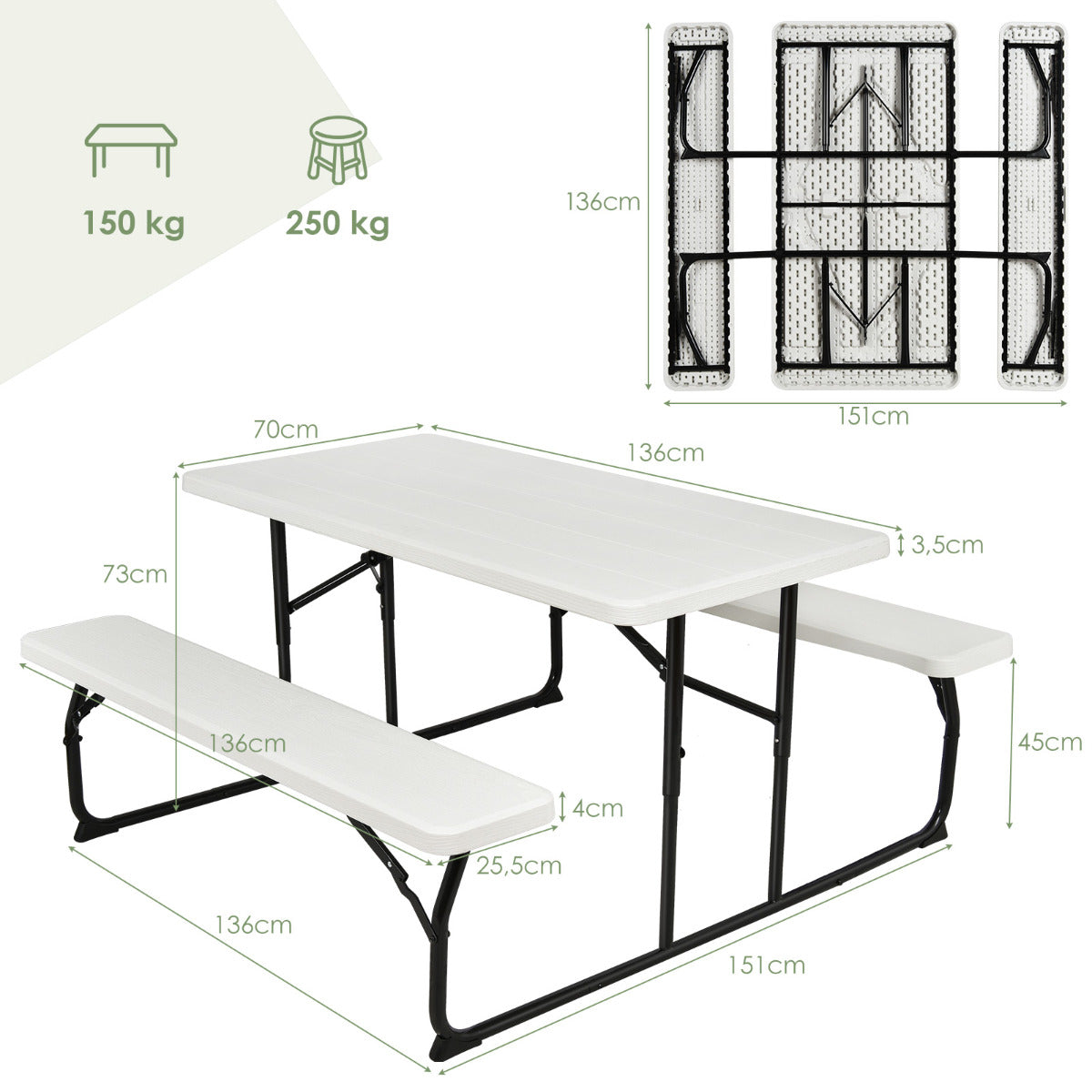 LIVSK Inklapbare Picknicktafel met Banken - Lichtgewicht en Waterdicht - Voor 4-6 Personen - Tot 150 kg - 136 x 69,5 x 44-72 cm -