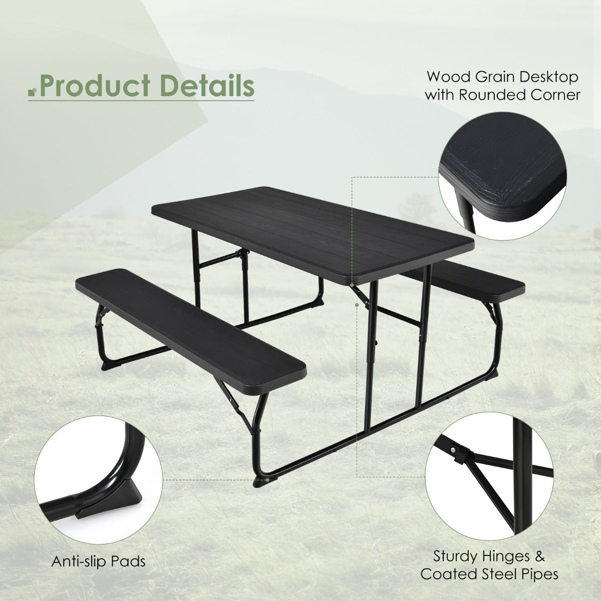 LIVSK Inklapbare Picknicktafel met Banken - Waterdicht en Weerbestendig - Voor 4-6 Personen - 136 x 70 cm - Zwart