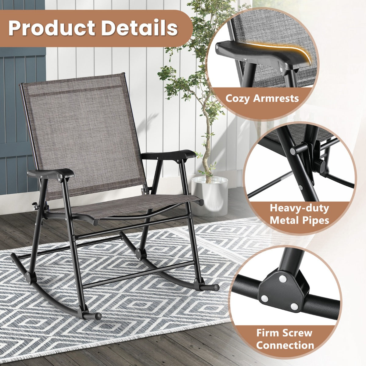 LIVSK Inklapbare Schommelstoelen Set van 2 - Ademend en Duurzaam - Robuust Metaal - Tot 150 kg - 82 x 64 x 91 cm - Zoals afgebeeld