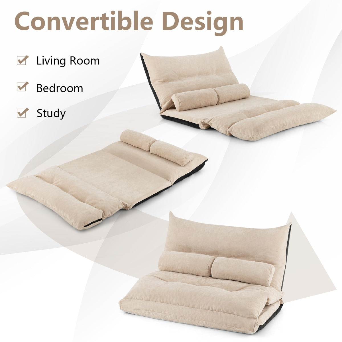 LIVSK Inklapbare Vloerbank - 42-traps Verstelbare Rugleuning - 3-in-1 Sofa, Ligstoel en Bed - Comfortabele Bekleding - Beige