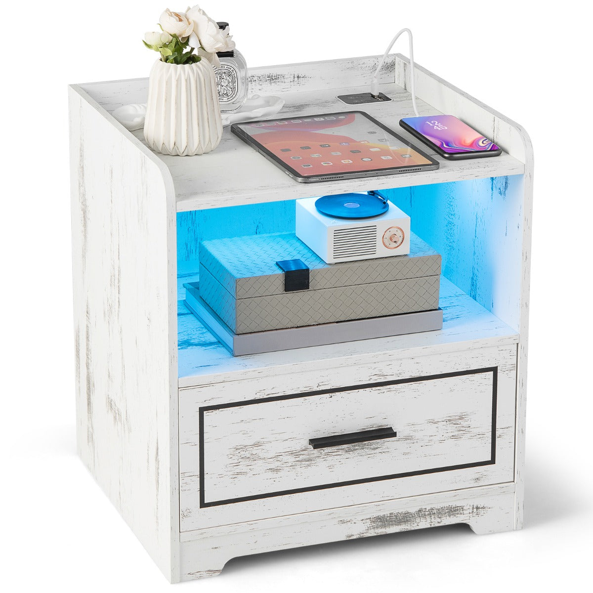 LIVSK Slim LED Nachtkastje met USB-Poort - 3 Kleuren Licht met Instelbare Helderheid - Automatische Inductie - Modern Design - Wit