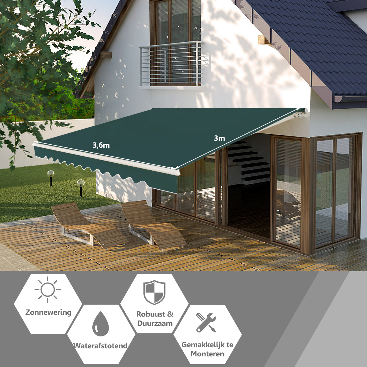 LIVSK Intrekbare Zonneluifel - Waterbestendig Aluminium Frame - Verstelbare Hoek 5-35° - Eenvoudige Installatie - Groen