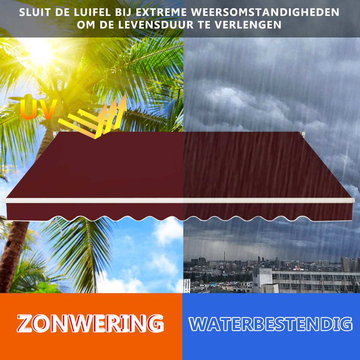 LIVSK Waterbestendige Intrekbare Zonneluifel - Aluminium Frame - Verstelbare Hoek 5-35° - Eenvoudige Installatie - Wijnrood