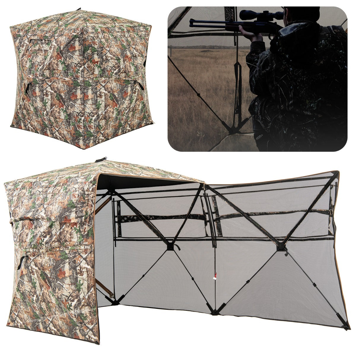 LIVSK Jachtschuilplaats voor 2-3 Personen - 360° Zicht - Opklapbaar en Draagbaar - Waterdicht - Camouflage - 148 x 148 x 170 cm -