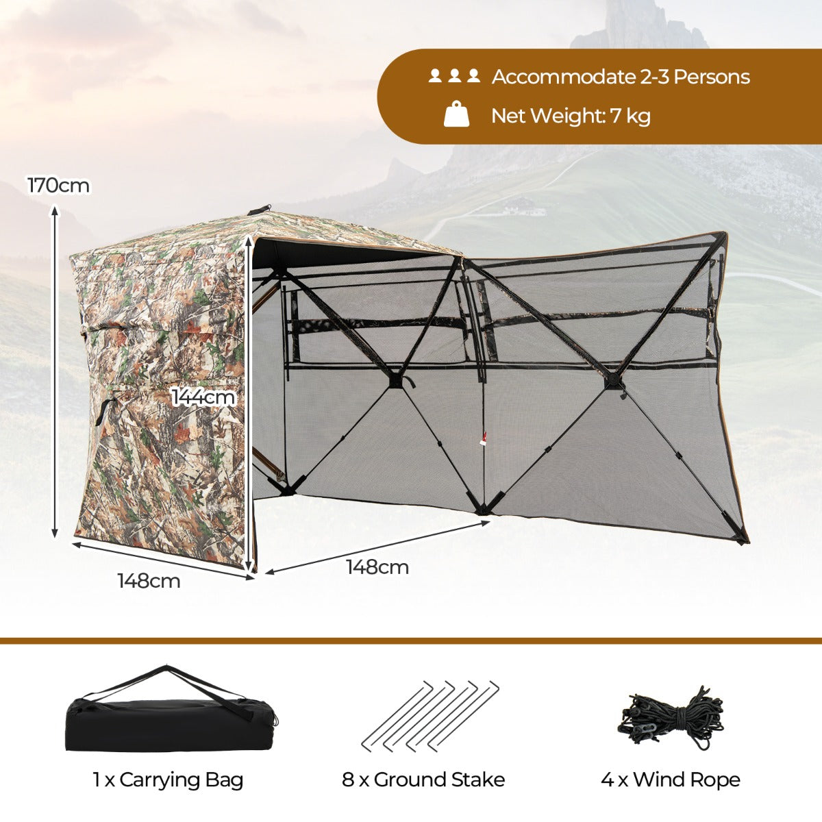 LIVSK Jachtschuilplaats voor 2-3 Personen - 360° Zicht - Opklapbaar en Draagbaar - Waterdicht - Camouflage - 148 x 148 x 170 cm -