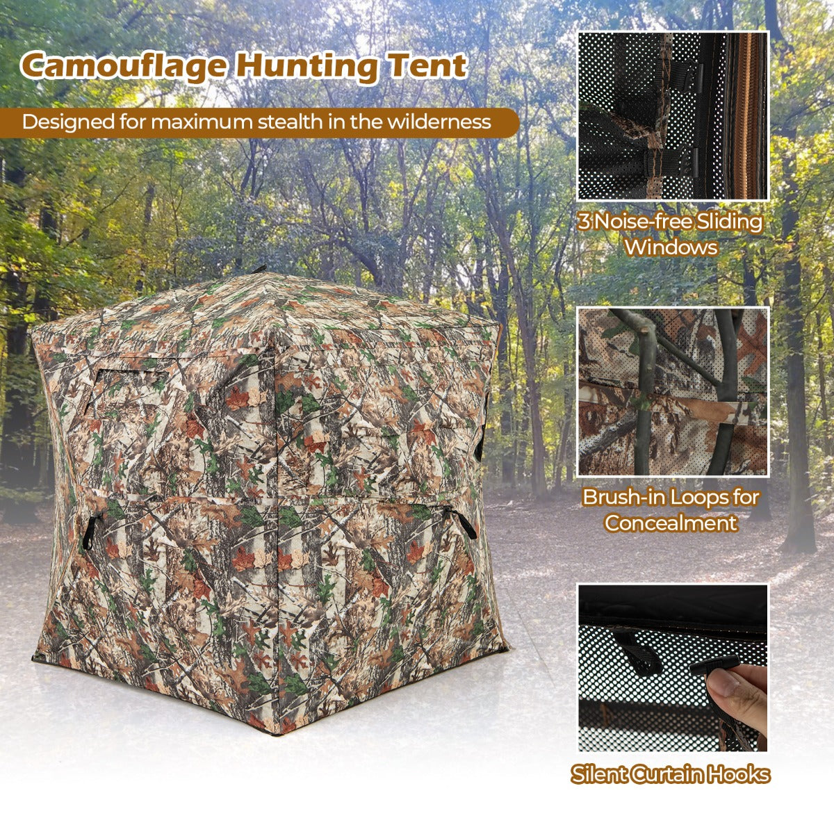 LIVSK Jachtschuilplaats voor 2-3 Personen - 360° Zicht - Opklapbaar en Draagbaar - Waterdicht - Camouflage - 148 x 148 x 170 cm -