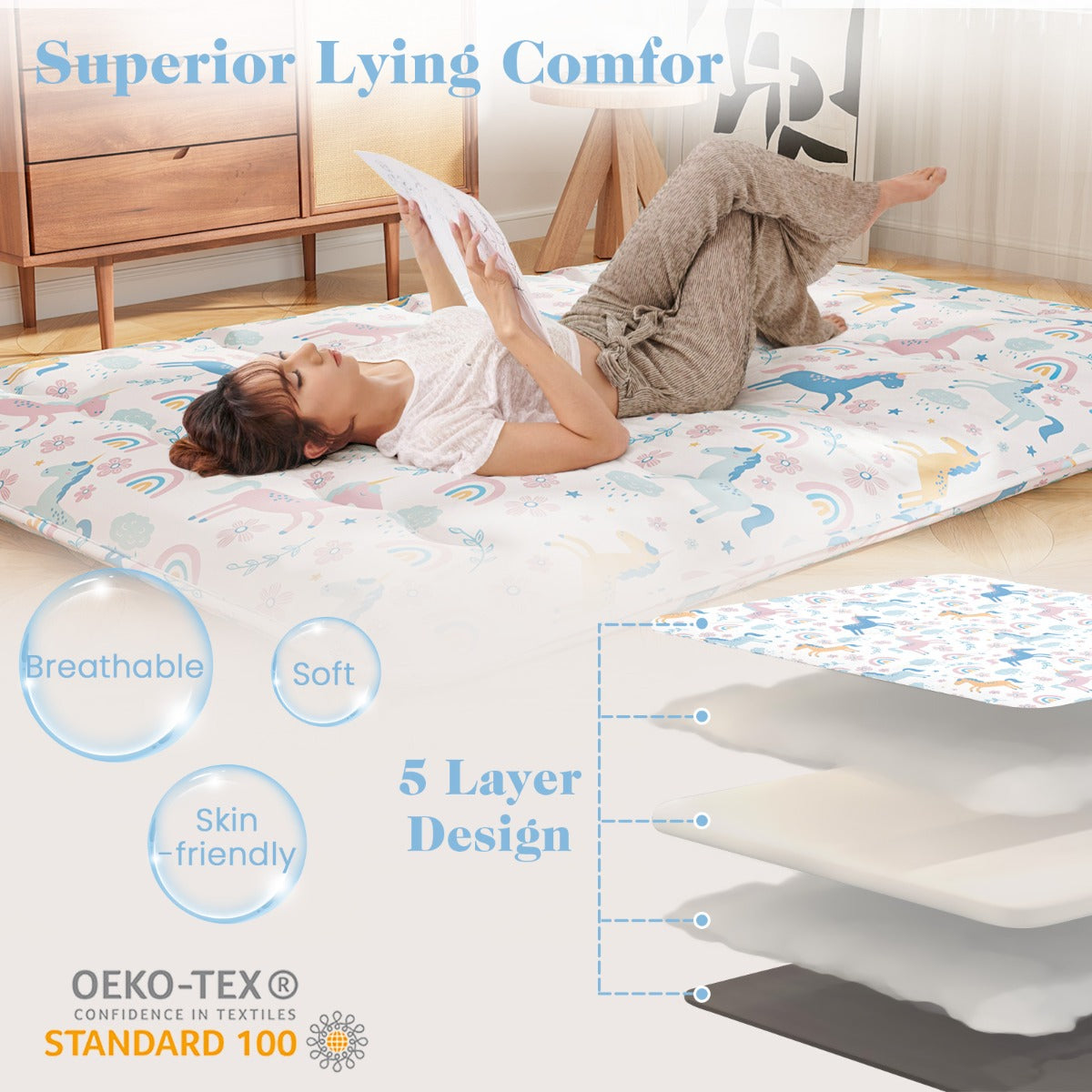LIVSK Futonmatras in Draagtas - Afneembare Hoes - Polyester Vulling - Veelzijdig Gebruik - 200 x 90 x 10 cm - Kleurrijk