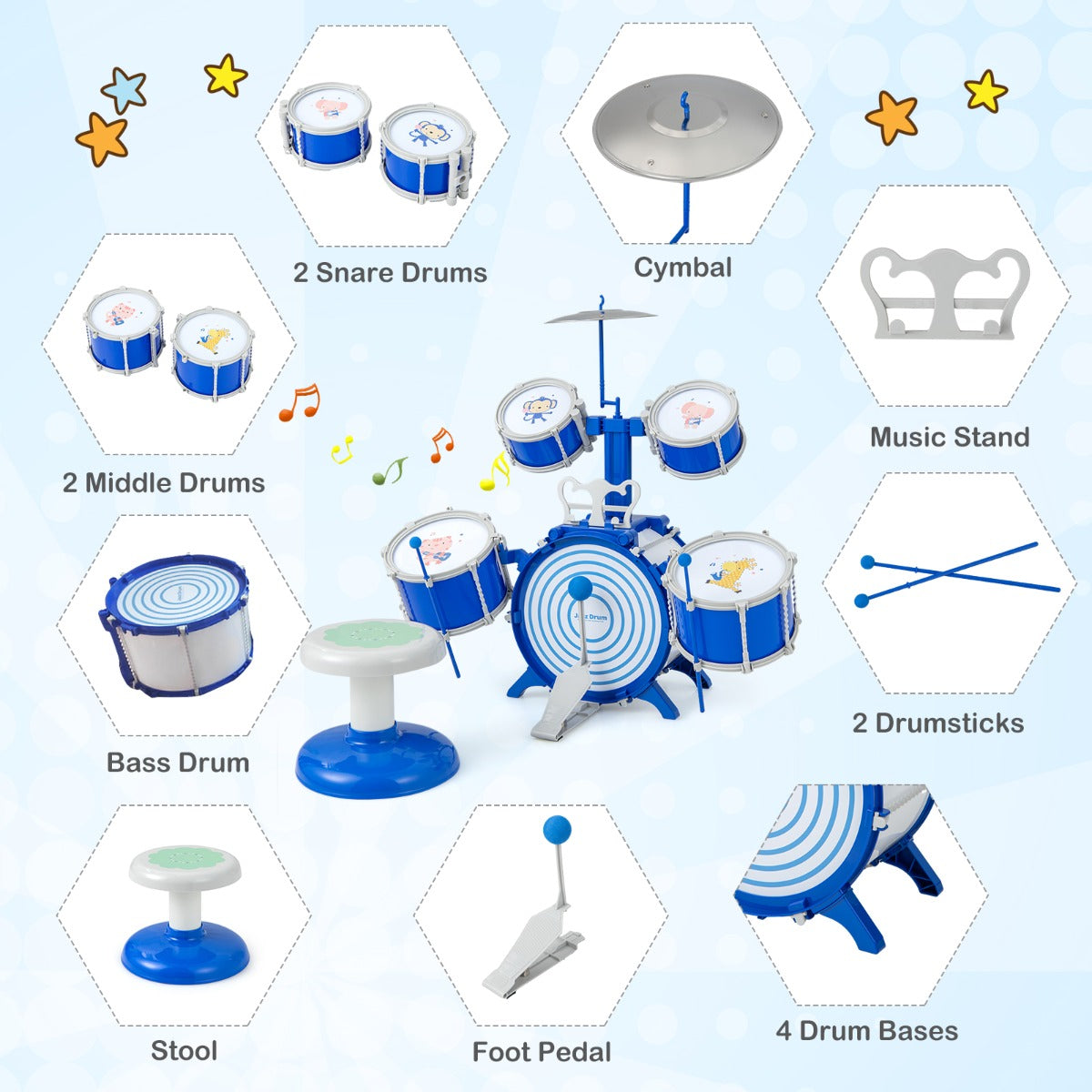 LIVSK Educatief Kinderdrumstel - 5 Trommels en 1 Bekken - Stimuleert Muzikale Ontwikkeling - Inclusief Kruk en Stokken - Blauw