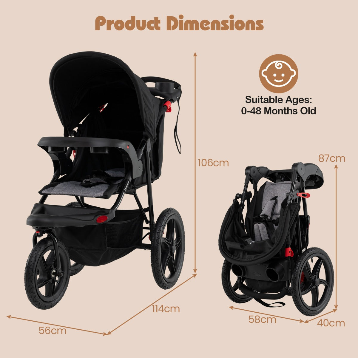Livsk costway joggingbuggy opvouwbare jogger met verstelbare zonnekap kantelbare zitting afneembaar dienblad 1 1