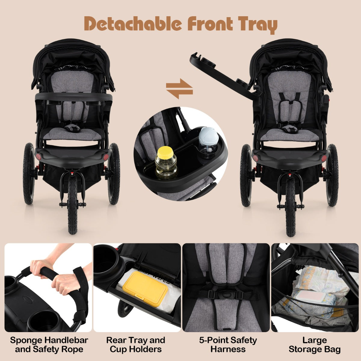 Livsk costway joggingbuggy opvouwbare jogger met verstelbare zonnekap kantelbare zitting afneembaar dienblad 3
