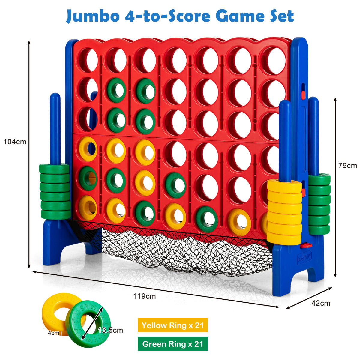 LIVSK Jumbo 4-op-een-rij Spel - Eenvoudig Opzetten - Snelle Reset - Voor Binnen en Buiten - 42 Stukken - 119 x 42 x 104 cm -