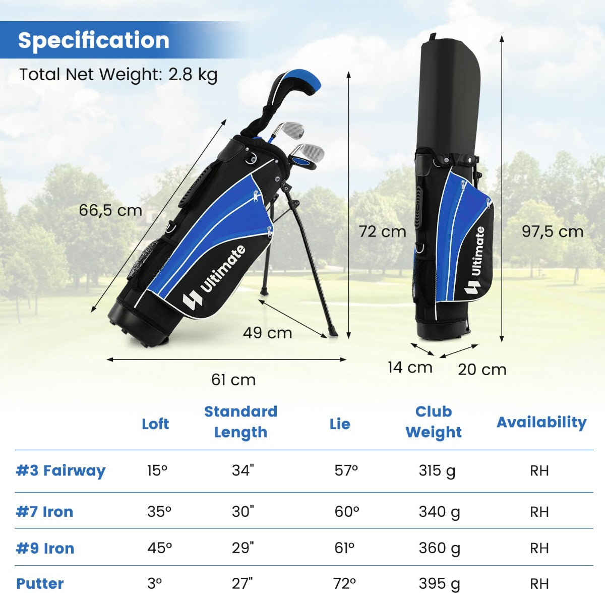 LIVSK Complete Golfset voor Kinderen 8-10 Jaar - #3 Fairway, #7 en #9 IJzers - Precisieputter - Draagtas - Blauw