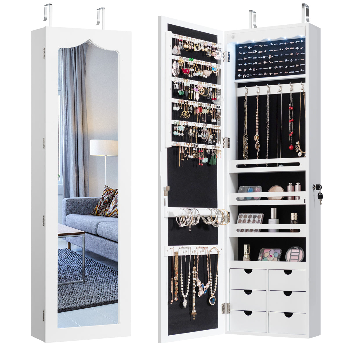 LIVSK Afsluitbare Juwelenkast met Spiegel en LED - Ruimtebesparend - Hoogwaardig MDF - 36,5 x 11,5 x 120 cm - Wit