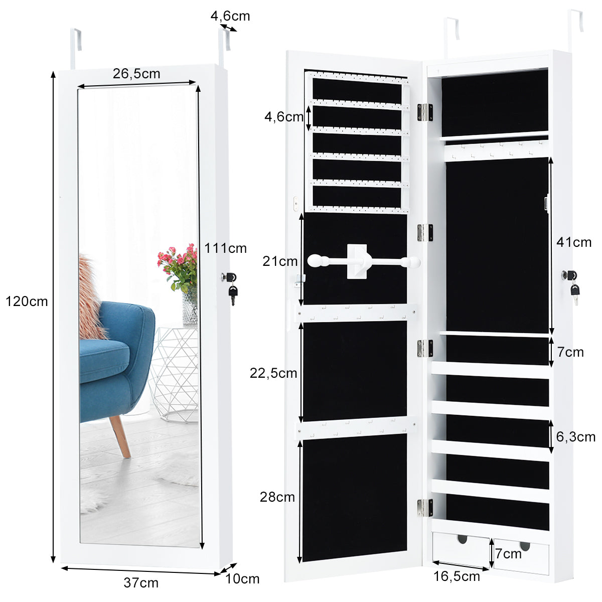 LIVSK Sieradenspiegelkast met LED-verlichting - Afsluitbaar en praktisch ontwerp - Grote opslagcapaciteit - 37 x 9,6 x 120 cm -