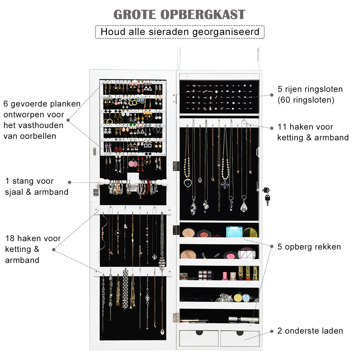 LIVSK Sieradenspiegelkast met LED-verlichting - Afsluitbaar en praktisch ontwerp - Grote opslagcapaciteit - 37 x 9,6 x 120 cm -