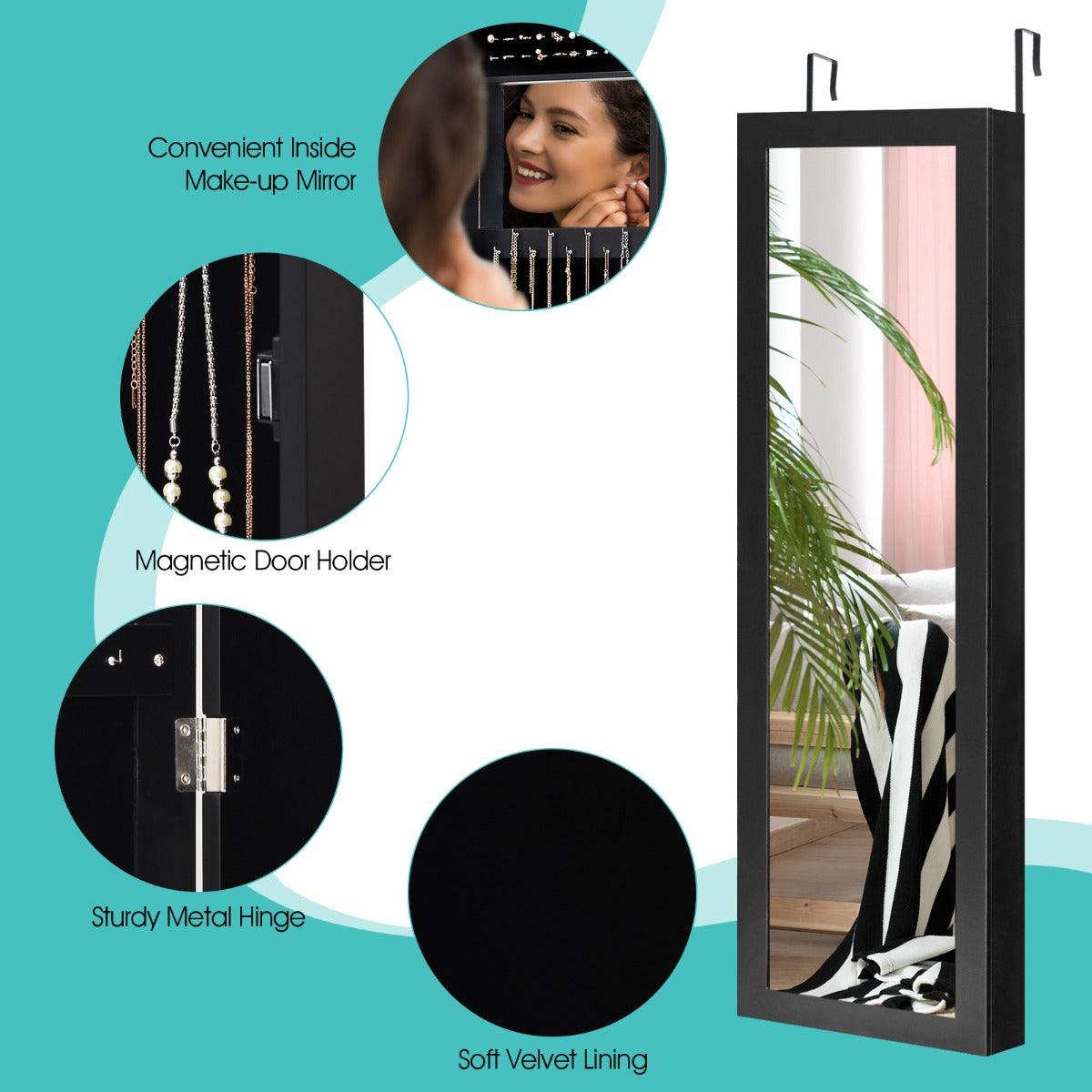 LIVSK Luxe Juwelenkast met Spiegels - 84 Oorbel Sleuven - 3 Opbergplanken - Wand-/Deurmontage - Zwart