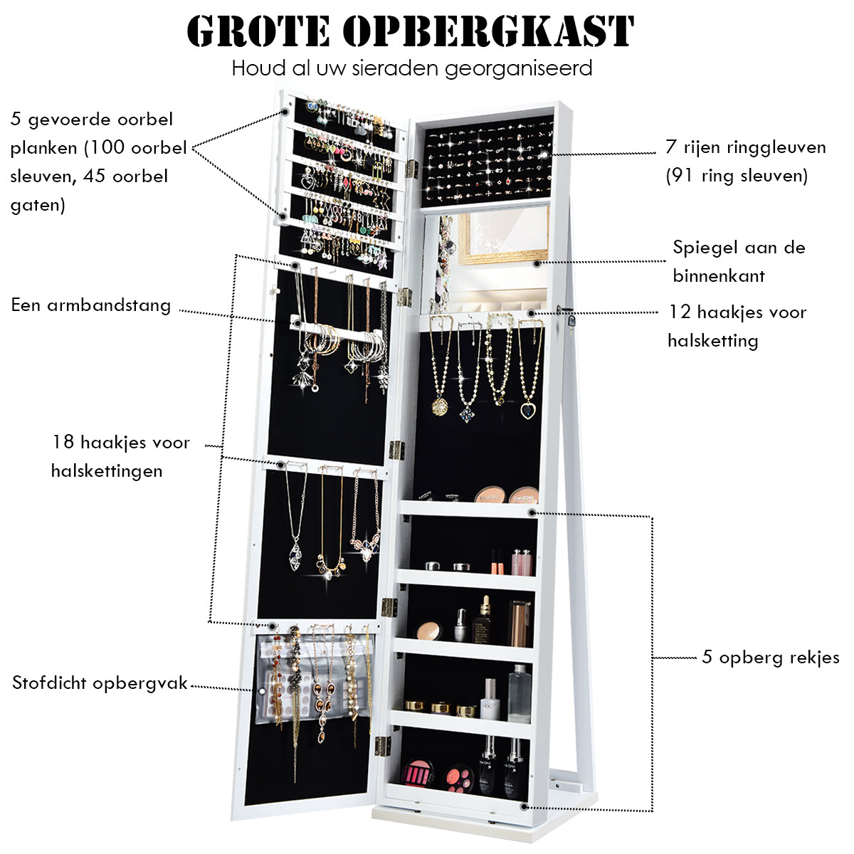 LIVSK Vrijstaande Juwelenkast met Spiegel - Afsluitbaar - Ruime Opslag voor 100 Oorbellen - MDF - Wit