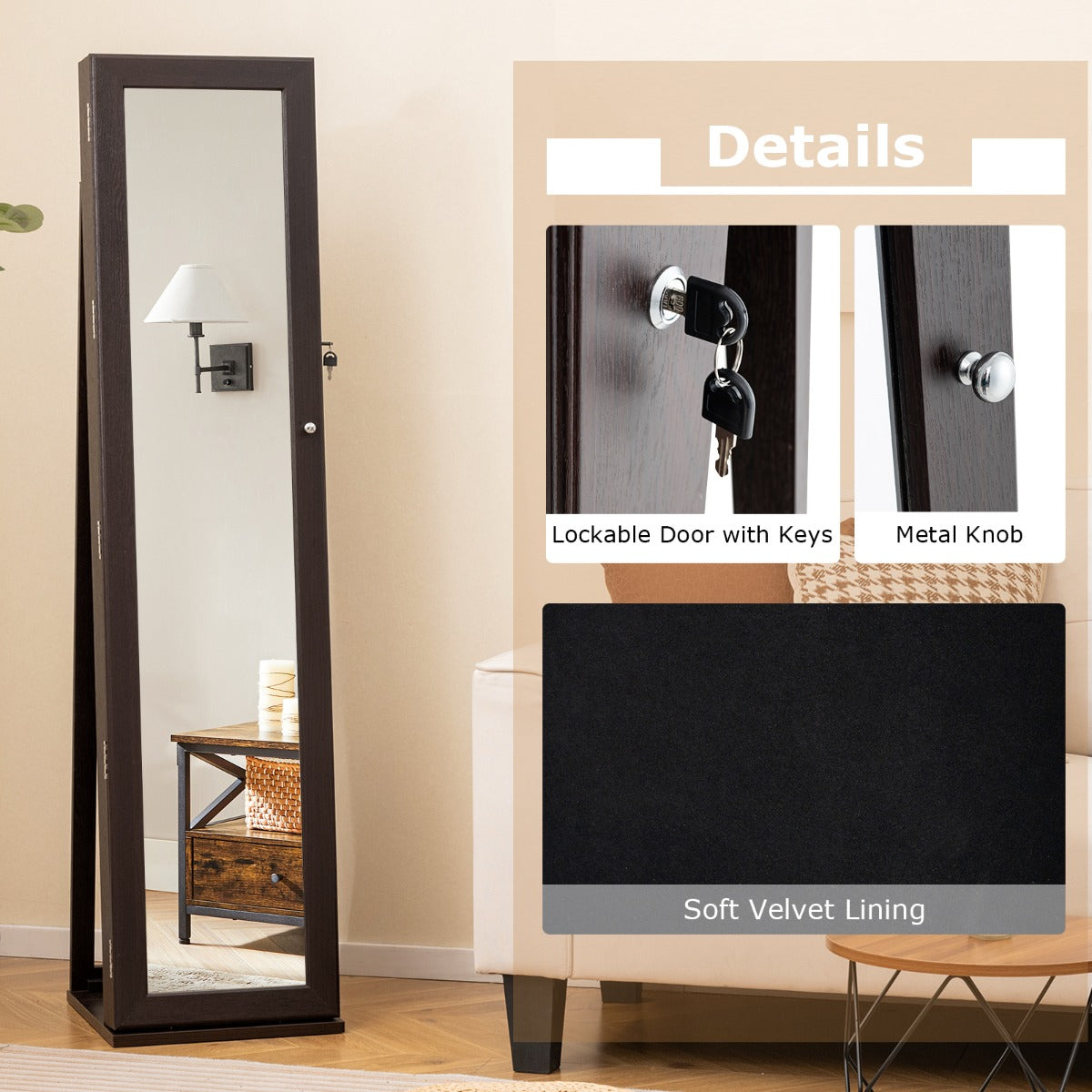 LIVSK Vrijstaande Sieradenkast - Afsluitbaar met Full-Body Spiegel - 100 Oorbellenplaatsen - 45 Oorbellenhaken - 38 x 38 x 157 cm