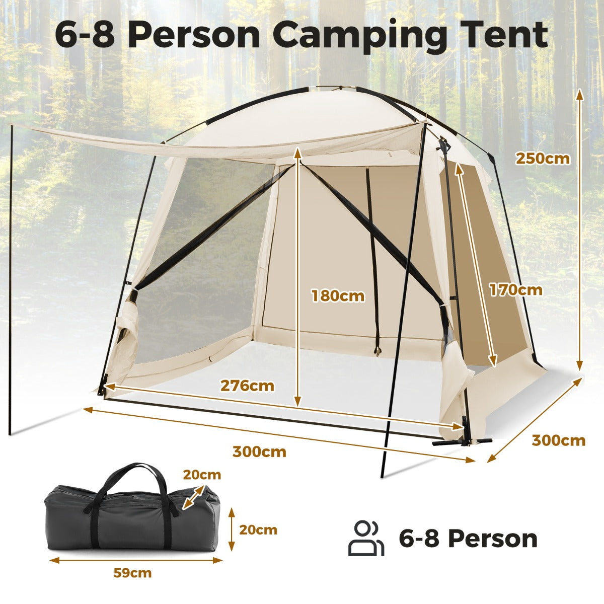 LIVSK Kampeertent voor 8-10 Personen - Waterdicht Polyester - Ventilatie met Gaaswanden - Draagbaar - 300 x 300 x 250 cm - Beige