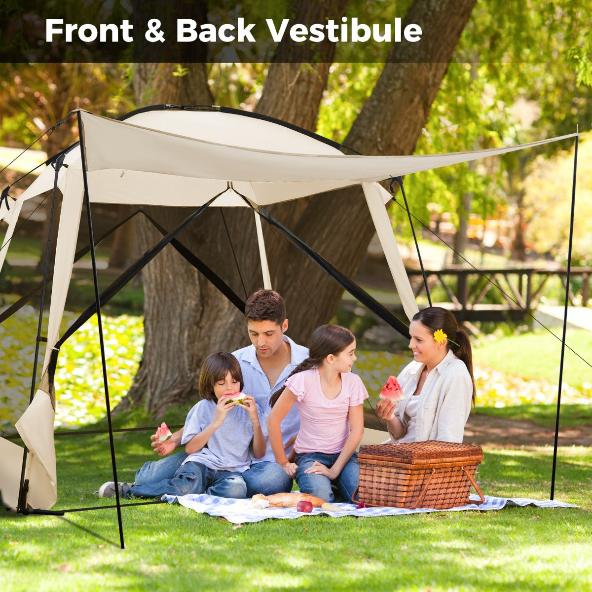 LIVSK Kampeertent voor 8-10 Personen - Waterdicht Polyester - Ventilatie met Gaaswanden - Draagbaar - 300 x 300 x 250 cm - Beige