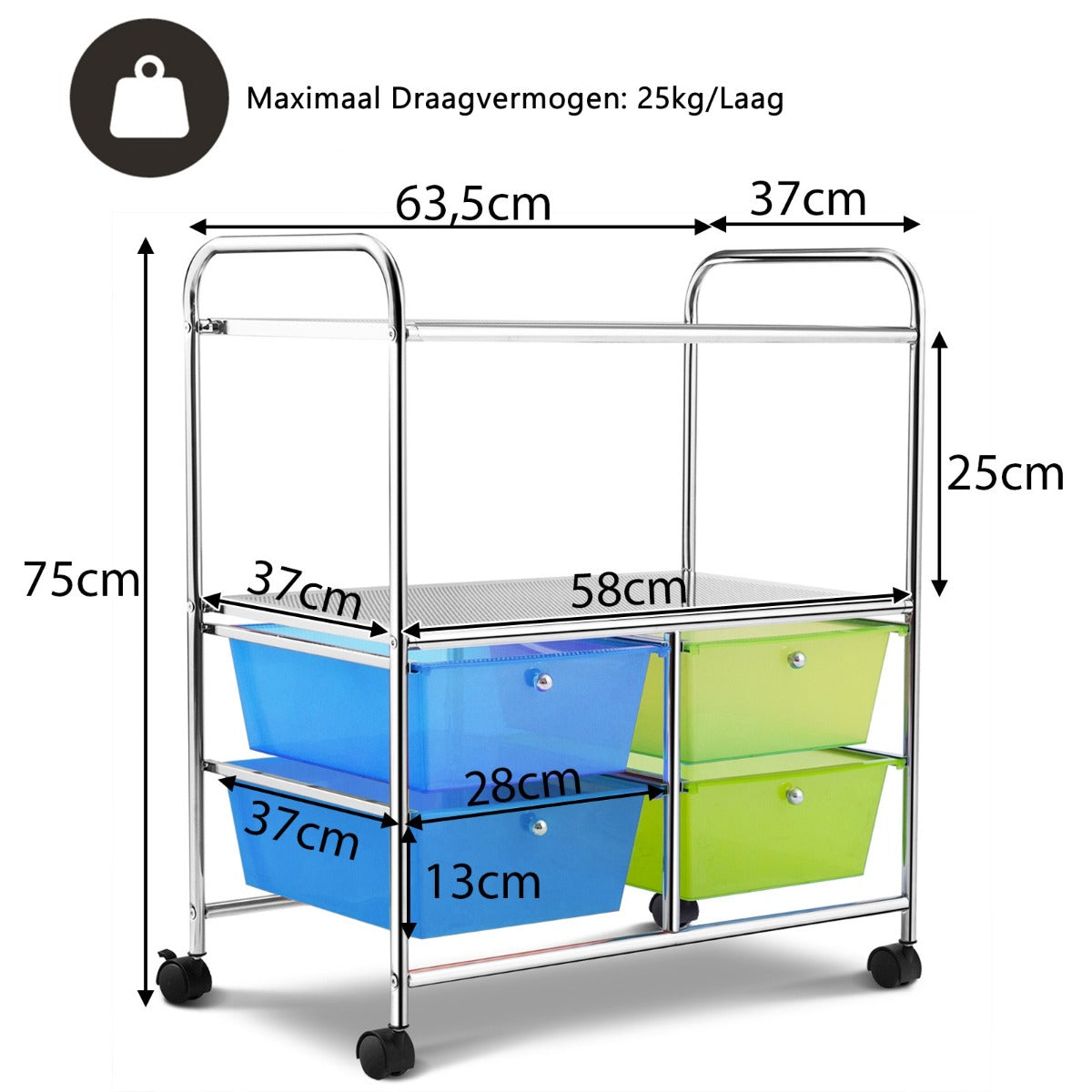 LIVSK Rollende Opbergwagen Trolley - 4 Lades en 2 Planken - Duurzaam Chroomstaal - Makkelijk Verplaatsbaar - 63,5 x 37 x 75 cm -
