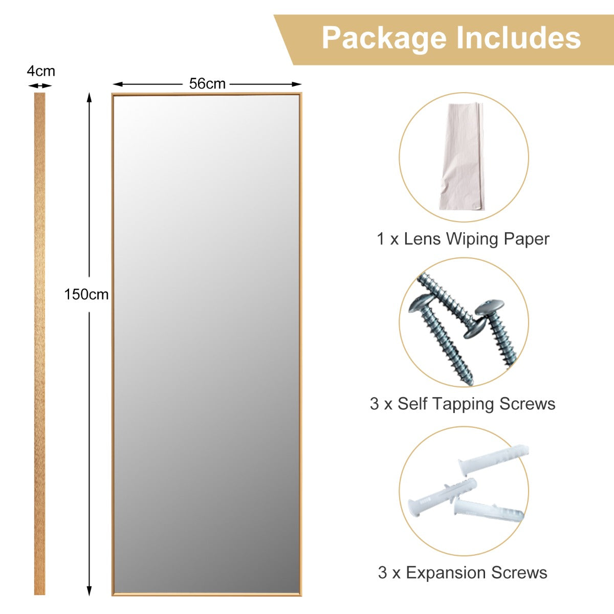 LIVSK Staande Spiegel Over De Hele Lengte - Explosiebestendig Glas - Roestvrij Aluminium Frame - 150 x 56 cm - Goud