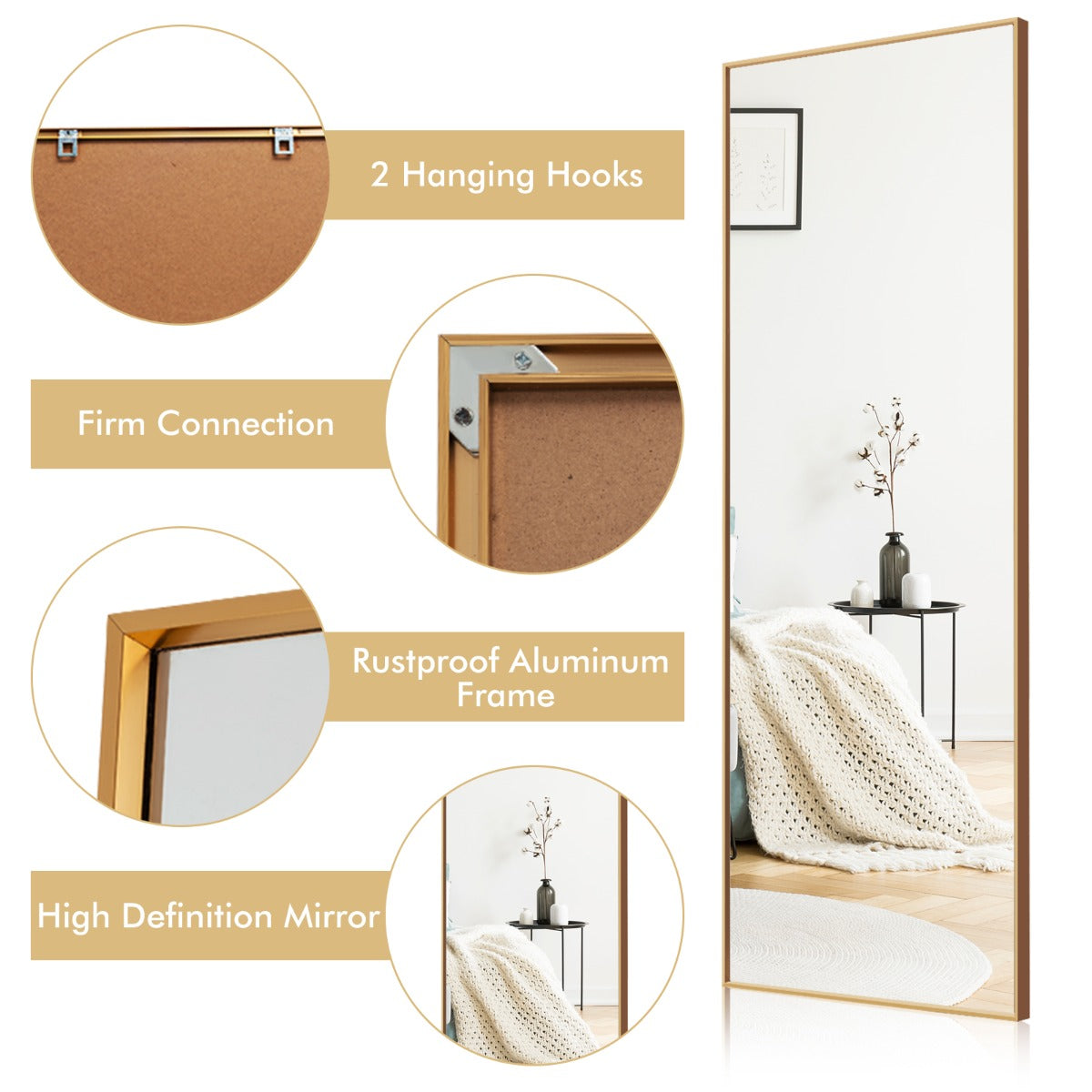 LIVSK Staande Spiegel Over De Hele Lengte - Explosiebestendig Glas - Roestvrij Aluminium Frame - 150 x 56 cm - Goud