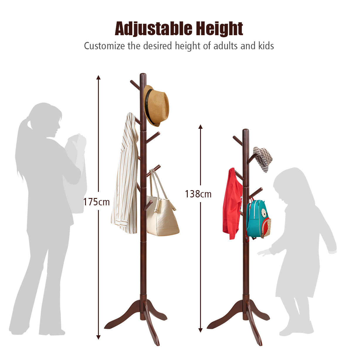 LIVSK Verstelbare Kapstok met 8 Haken - Massief Rubberhout - Stabiele Driepoot - Tot 5 kg per Haak - Eenvoudige Montage - Zwart