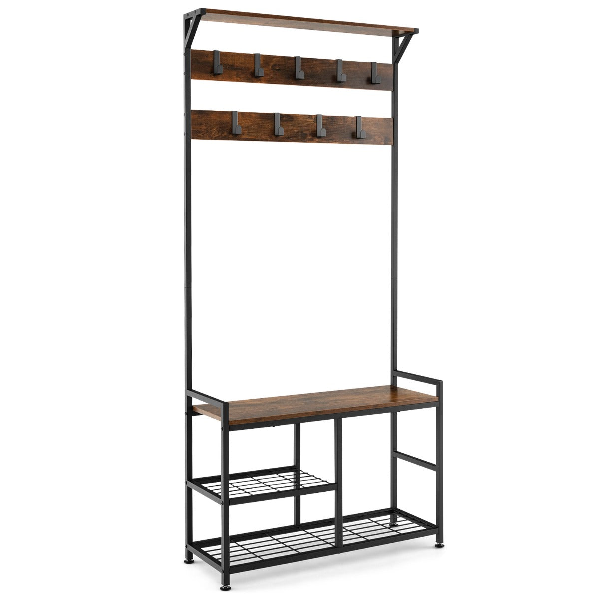 LIVSK Halkapstok met Schoenenrek - 9 Verstelbare Haken - Robuust Metaal - Draagvermogen 100 kg - 84 x 30,5 x 183 cm - Rustiek