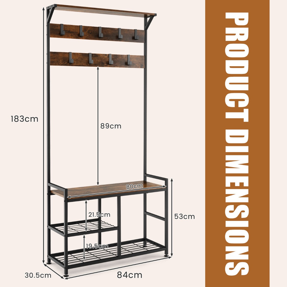LIVSK Halkapstok met Schoenenrek - 9 Verstelbare Haken - Robuust Metaal - Draagvermogen 100 kg - 84 x 30,5 x 183 cm - Rustiek