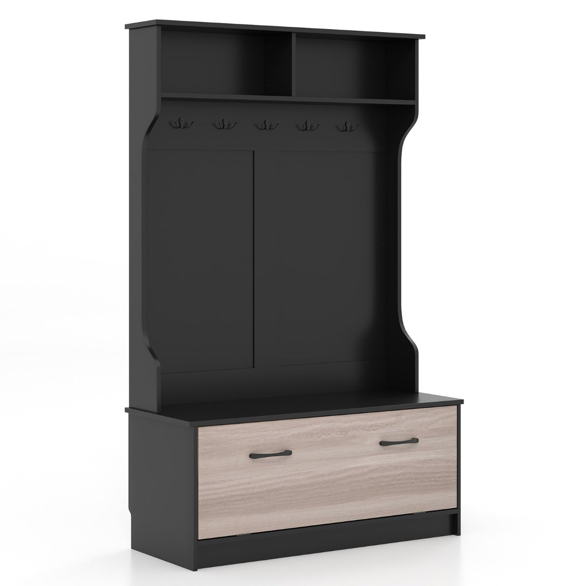 LIVSK Kapstok met Entreebank - 5 Dubbele Haken - 2 Open Planken - Sluitbare Kast - Draagvermogen 90 kg - Zwart