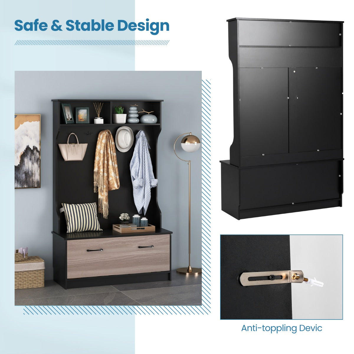 LIVSK Kapstok met Entreebank - 5 Dubbele Haken - 2 Open Planken - Sluitbare Kast - Draagvermogen 90 kg - Zwart