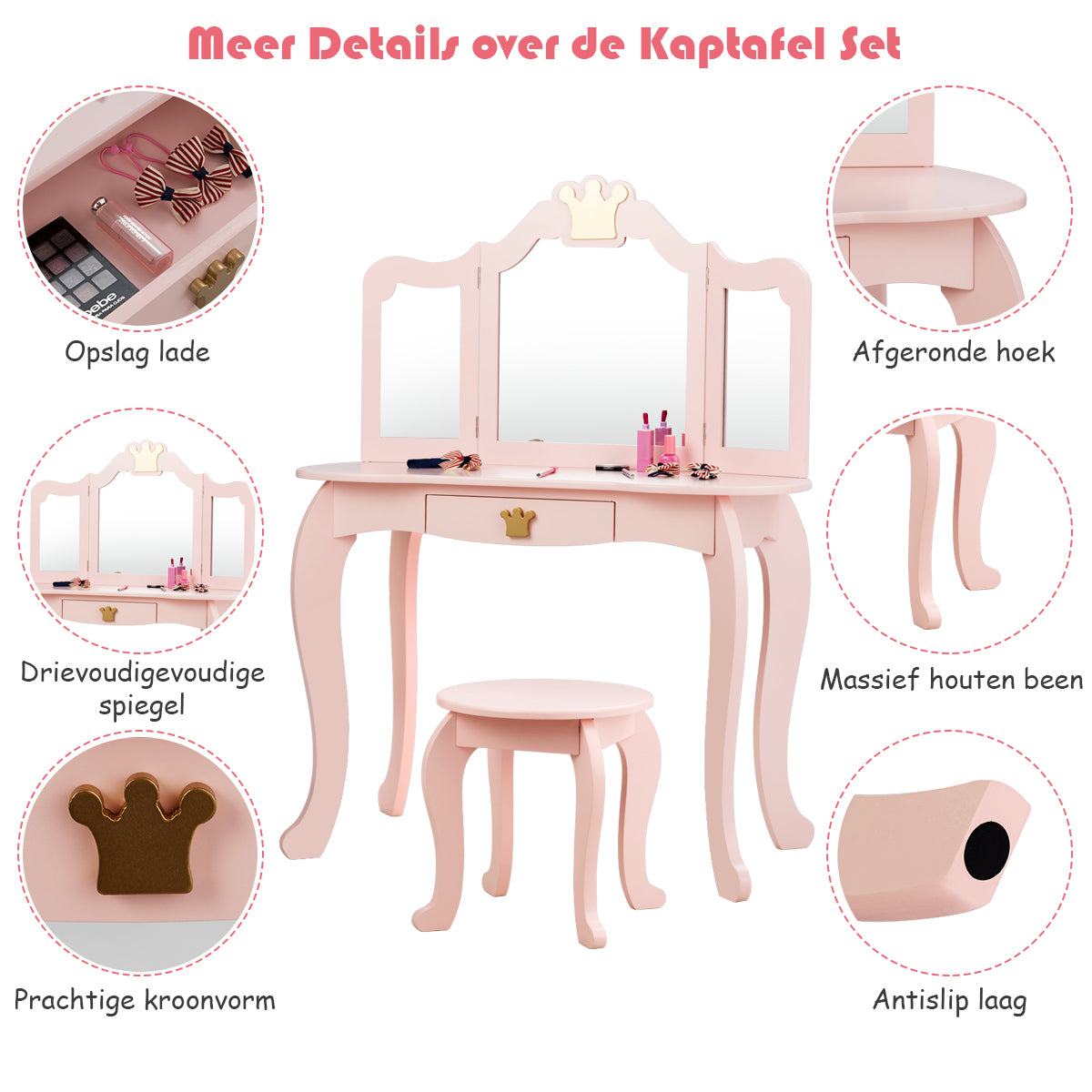 LIVSK Kaptafelset voor Kinderen - Inklapbare Spiegel - Ruime Lade - Stevig MDF en Grenenhout - 80 x 42 x 105 cm - Roze