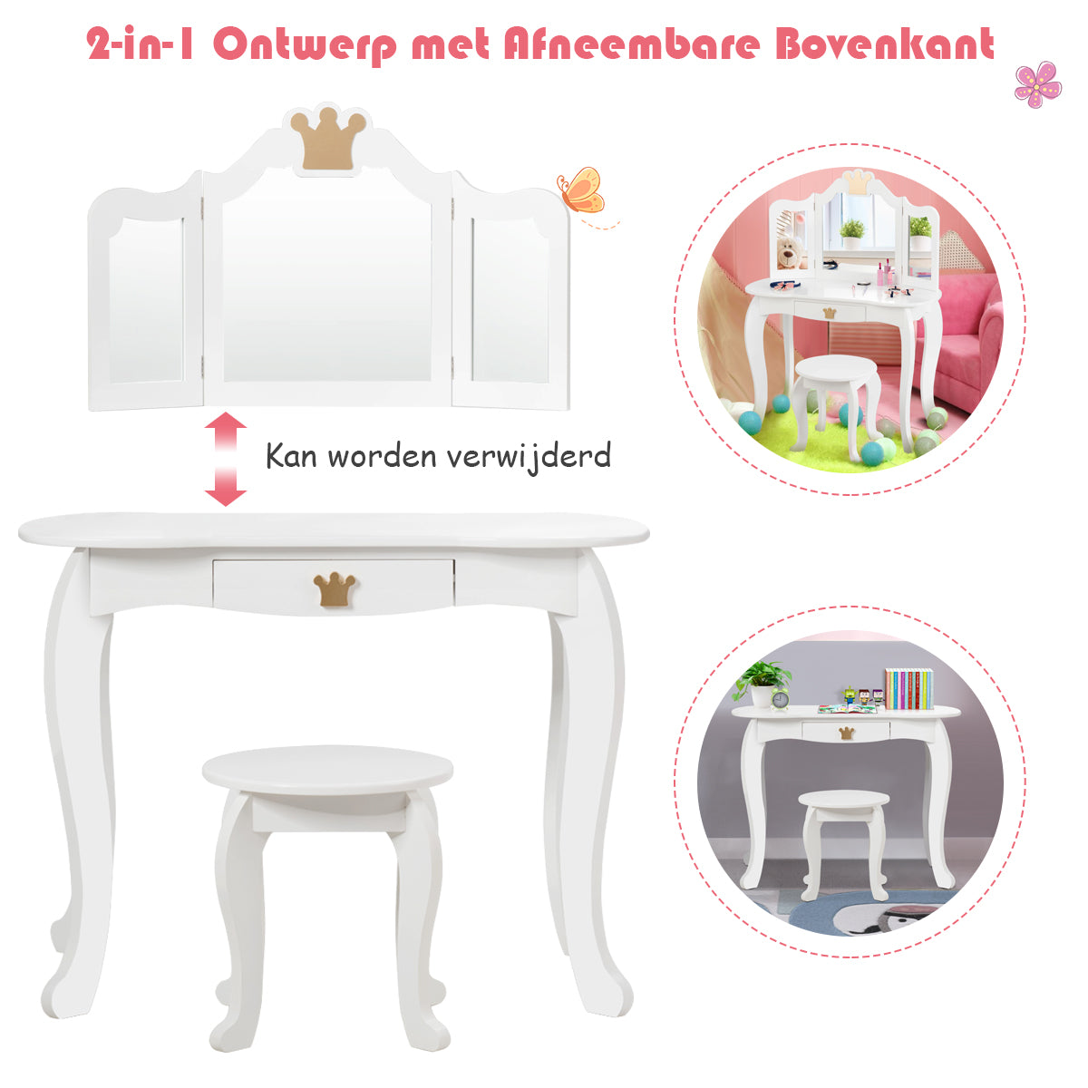 LIVSK Kaptafelset voor Kinderen - Drievoudige Inklapbare Spiegel - Ruime Lade - Inclusief Kruk en Make-up Accessoires - Wit