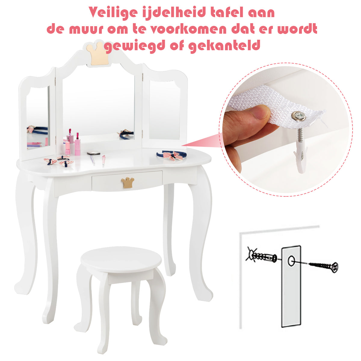 LIVSK Kaptafelset voor Kinderen - Drievoudige Inklapbare Spiegel - Ruime Lade - Inclusief Kruk en Make-up Accessoires - Wit