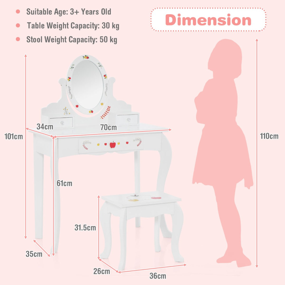 LIVSK Kinderkaptafelset met 360° Draaibare Spiegel - 3 Lades - Creatief Appeldesign - Veilig en Stabiel - Wit