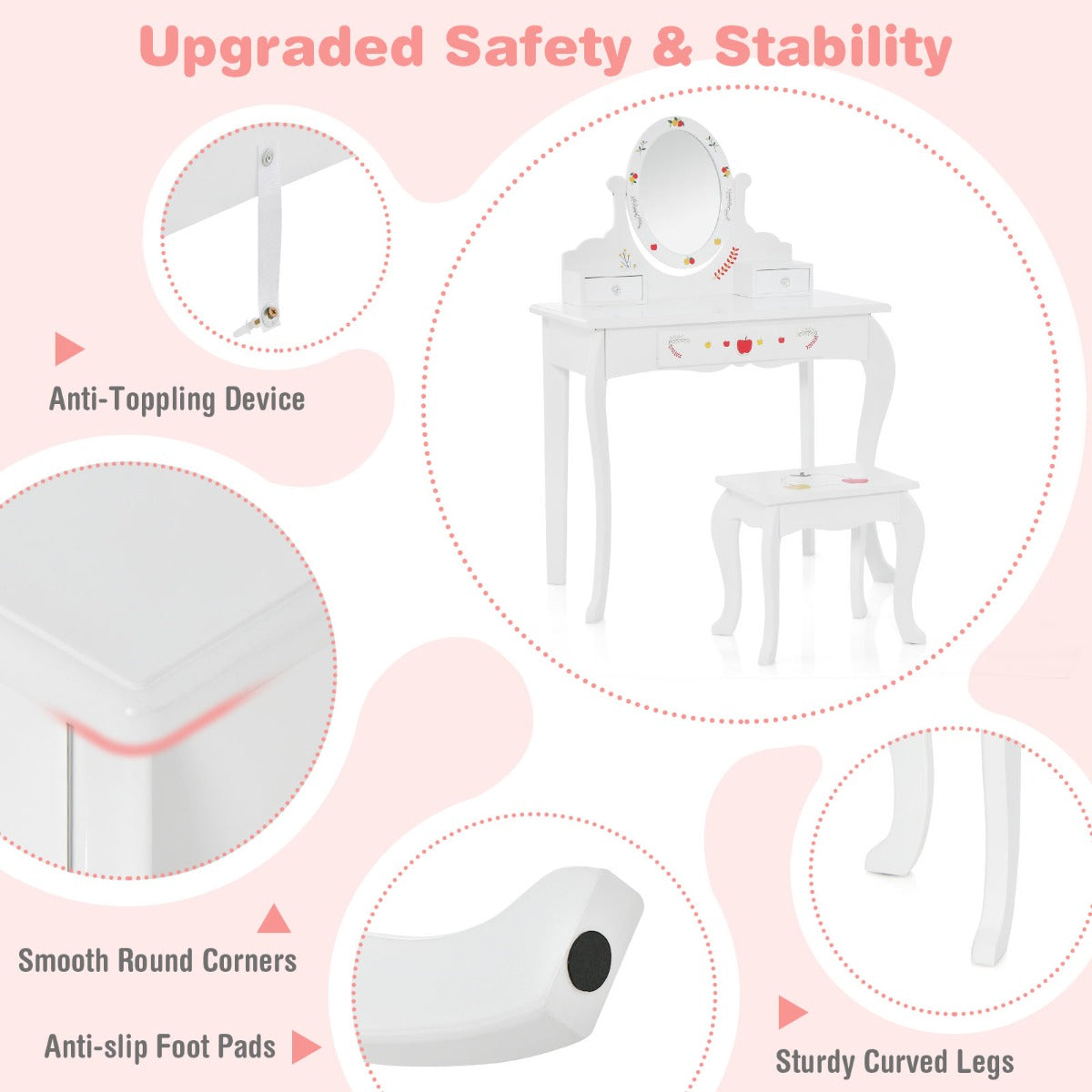 LIVSK Kinderkaptafelset met 360° Draaibare Spiegel - 3 Lades - Creatief Appeldesign - Veilig en Stabiel - Wit