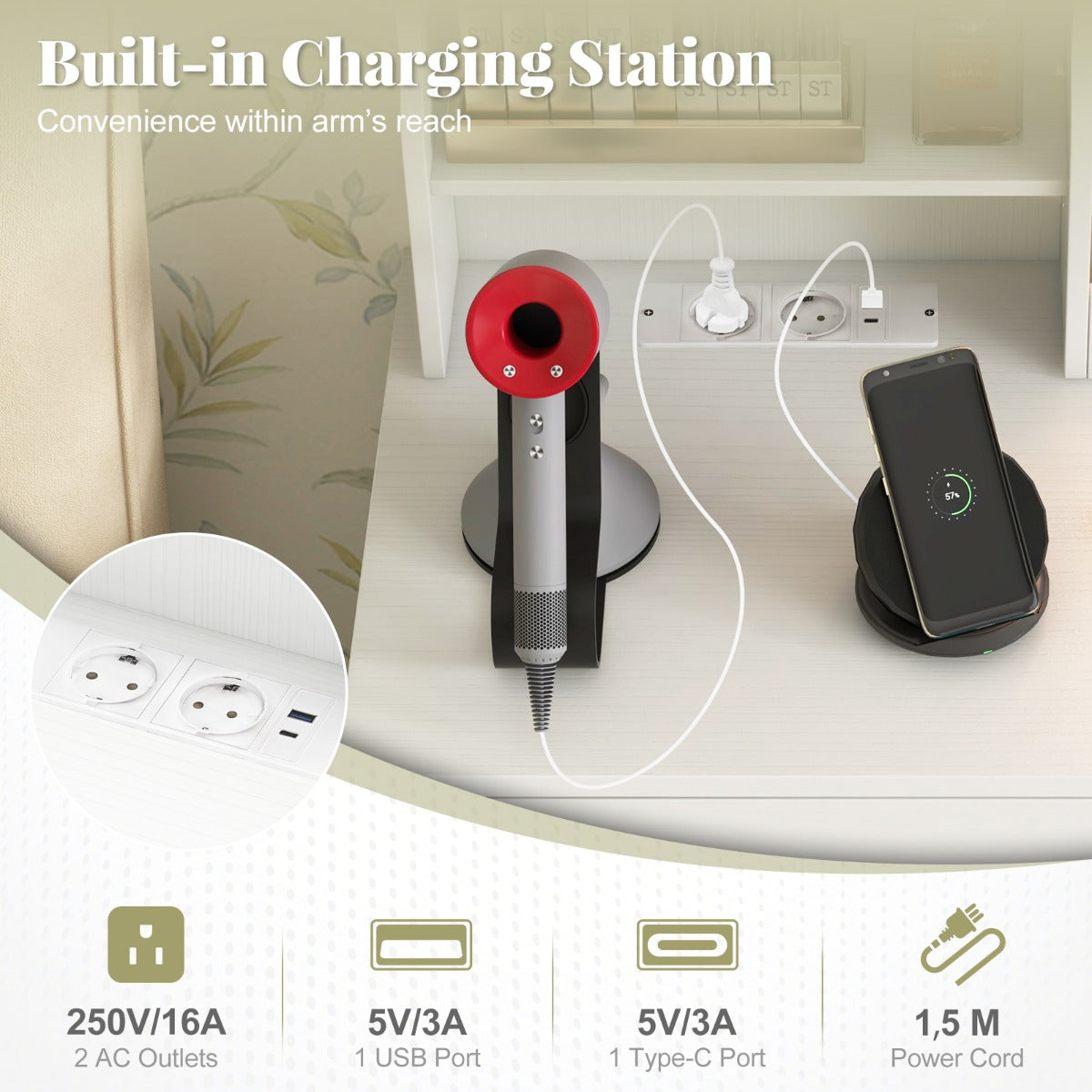 LIVSK Kaptafelset met LED-verlichting - Oplaadstation met 2 Stopcontacten en USB - Ruime Opbergruimte - Wit