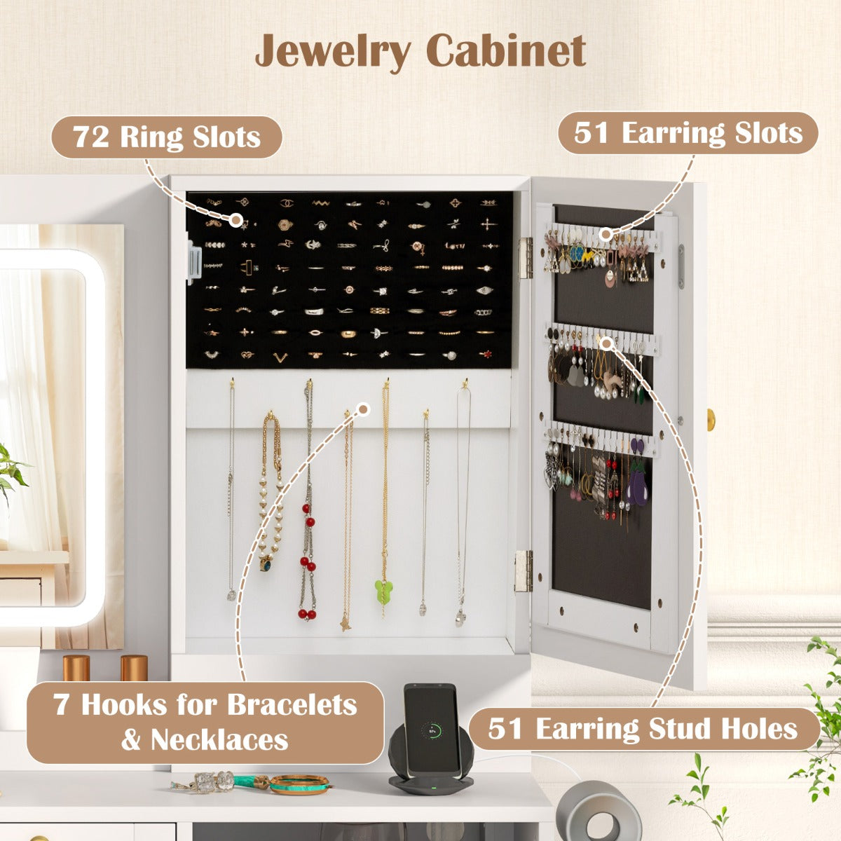 LIVSK Make-up Tafel Set met Oplaadstation - LED-Spiegel met 3 Kleuren - Grote Opbergruimte - Wit + Goud
