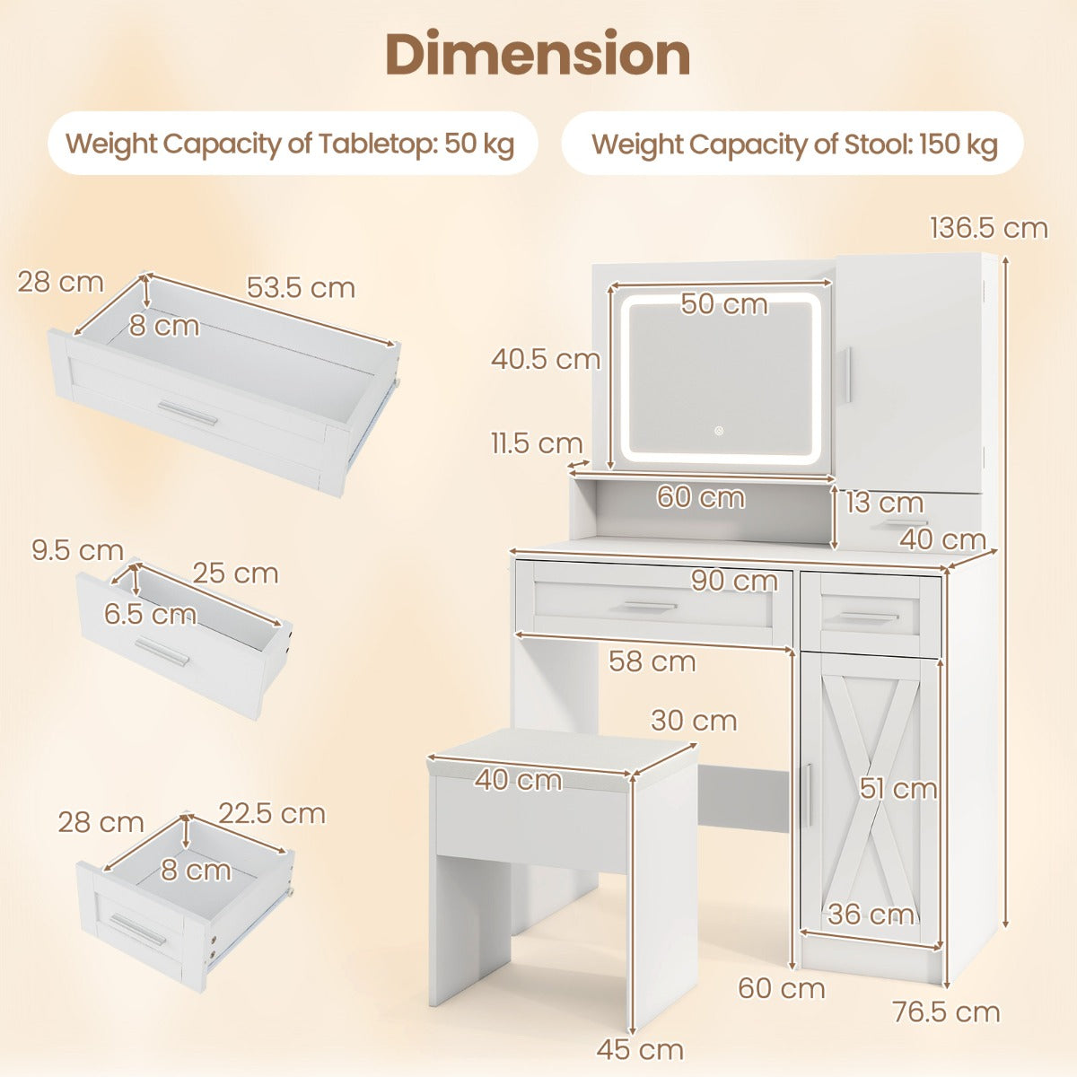 LIVSK Make-up Tafel Set met Oplaadstation - LED Spiegel met 3 Kleuropties - Grote Opbergruimte - Wit - 90 x 40 x 136,5 cm